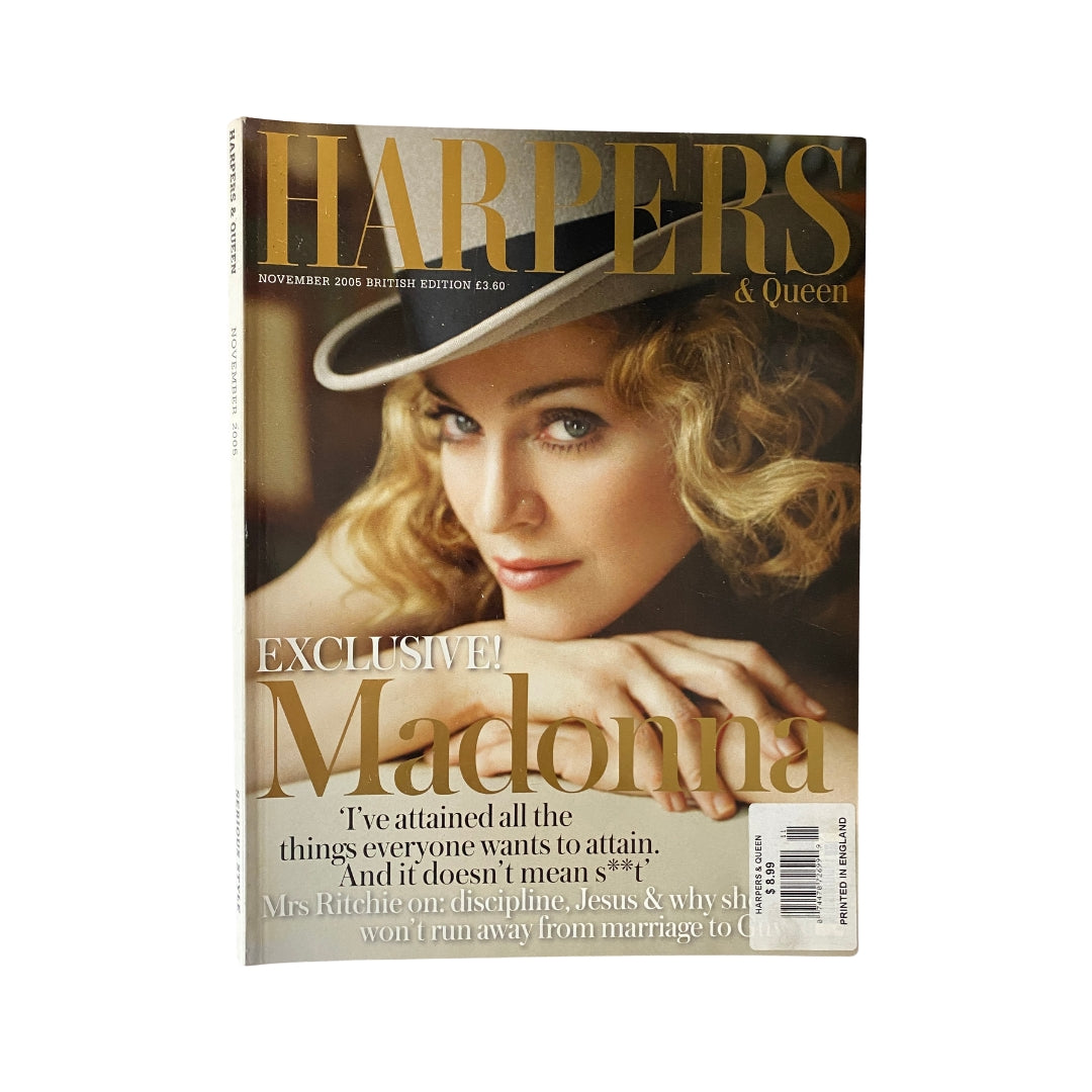 Harpers & Queen UK Magazine November 2005 cover featuring Madonna, showcasing her exclusive interview inside and reflecting vintage fashion trends.