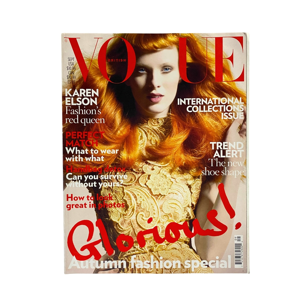 Cover of Vogue UK Magazine September 2008 featuring Karen Elson, titled 'Vogue UK Magazine September 2008 Karen Elson Cover No Label VG'. The cover showcases a stunning model with vibrant red hair, adorned in an elegant golden dress, highlighting autumn fashion specials.