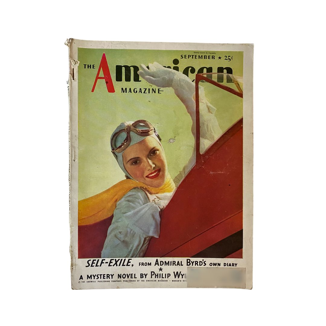 Cover of VTG The American Magazine September 1935 featuring a woman in vintage aviator attire with goggles, promoting the issue's content including 'Self-Exile' by Admiral Byrd.
