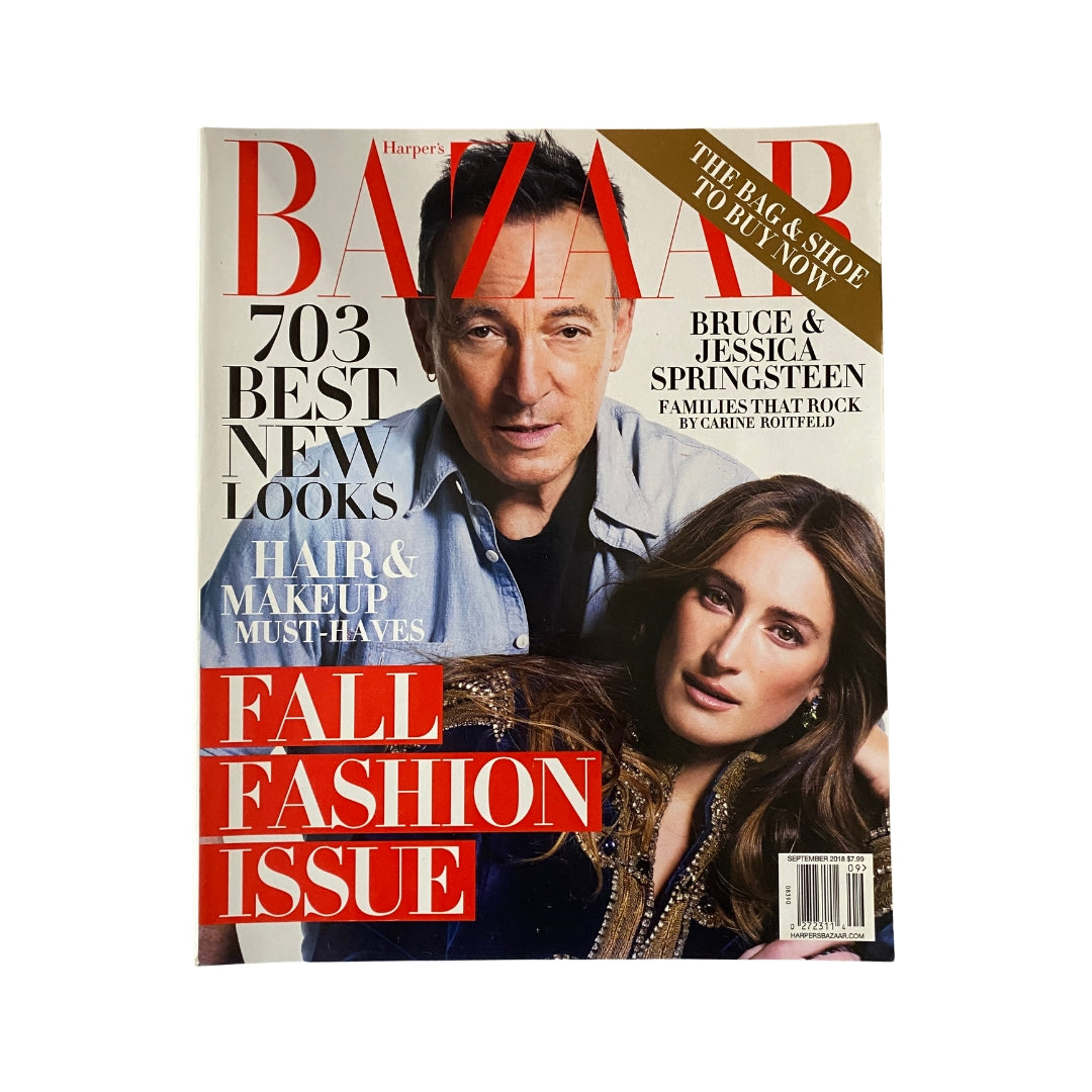 Cover of Harper's Bazaar Magazine September 2018 featuring Bruce and Jessica Springsteen, highlighting fall fashion trends.