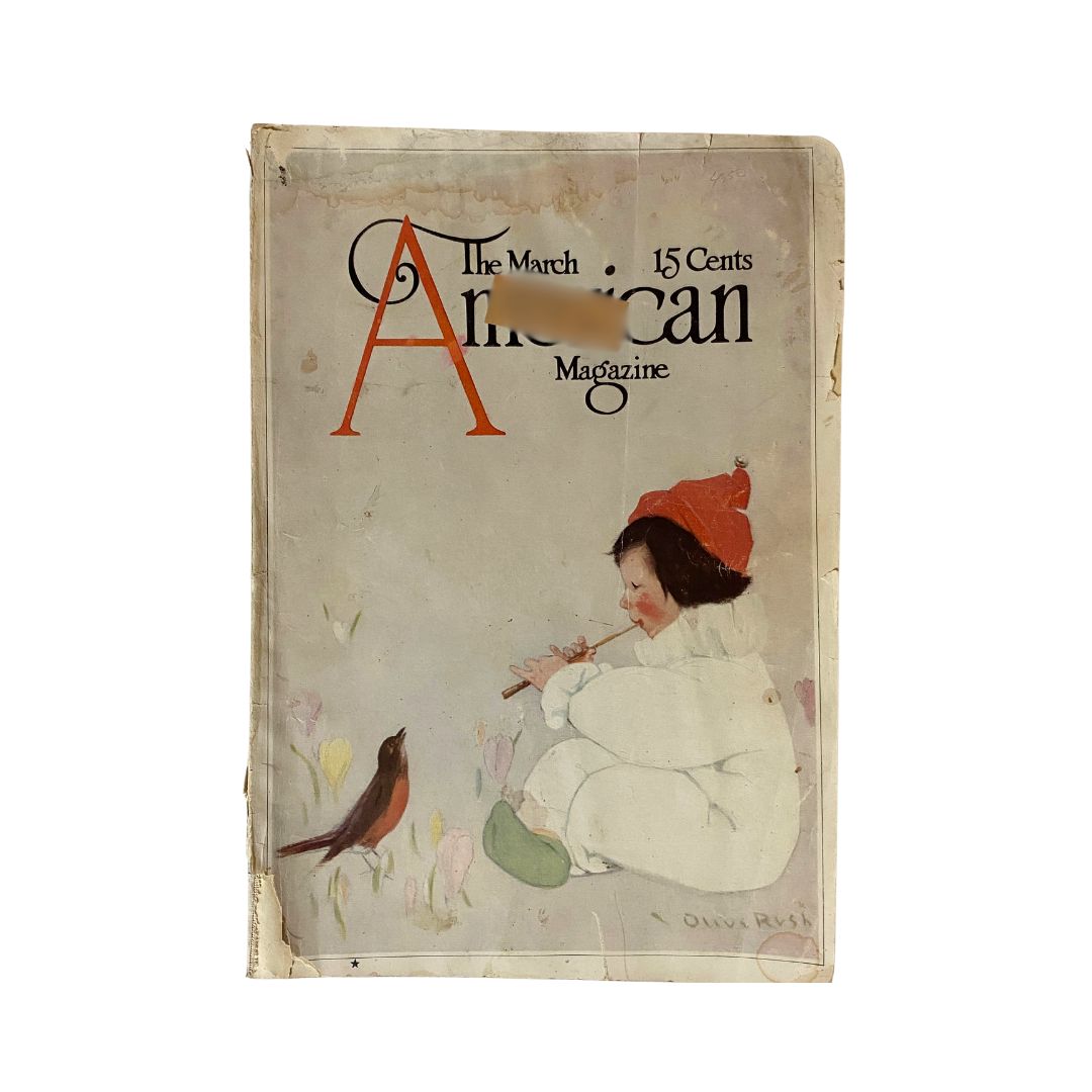 Cover of The American Magazine, March 1914 issue titled 'They Who Knock at Our Gates', featuring an illustration of a young girl with a bird.