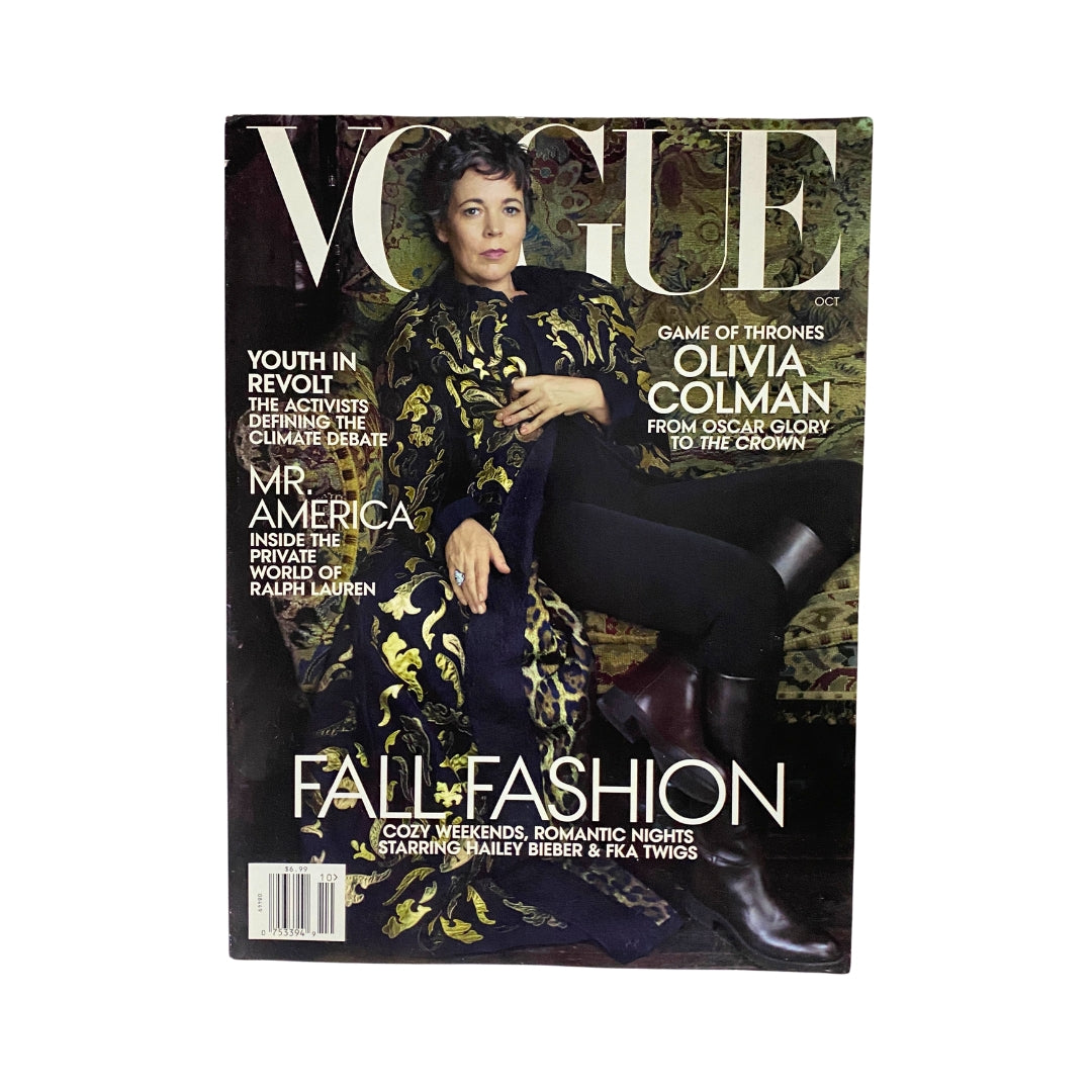 Vogue Magazine October 2019 featuring Olivier Colman on the cover, showcasing bold fashion and artistic design, ideal for vintage magazine collectors.