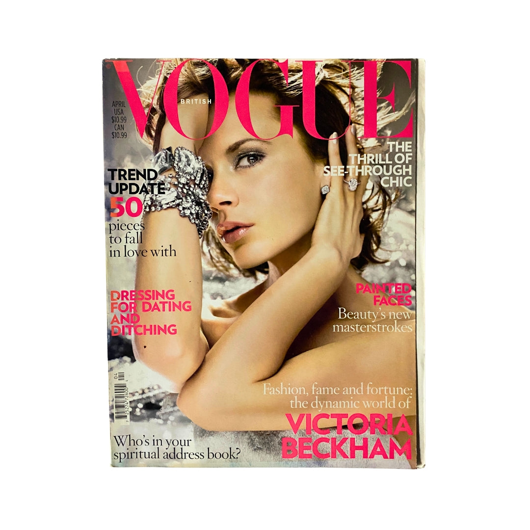 Cover of Vogue UK Magazine April 2008 featuring Victoria Beckham, showcasing fashion and beauty insights.