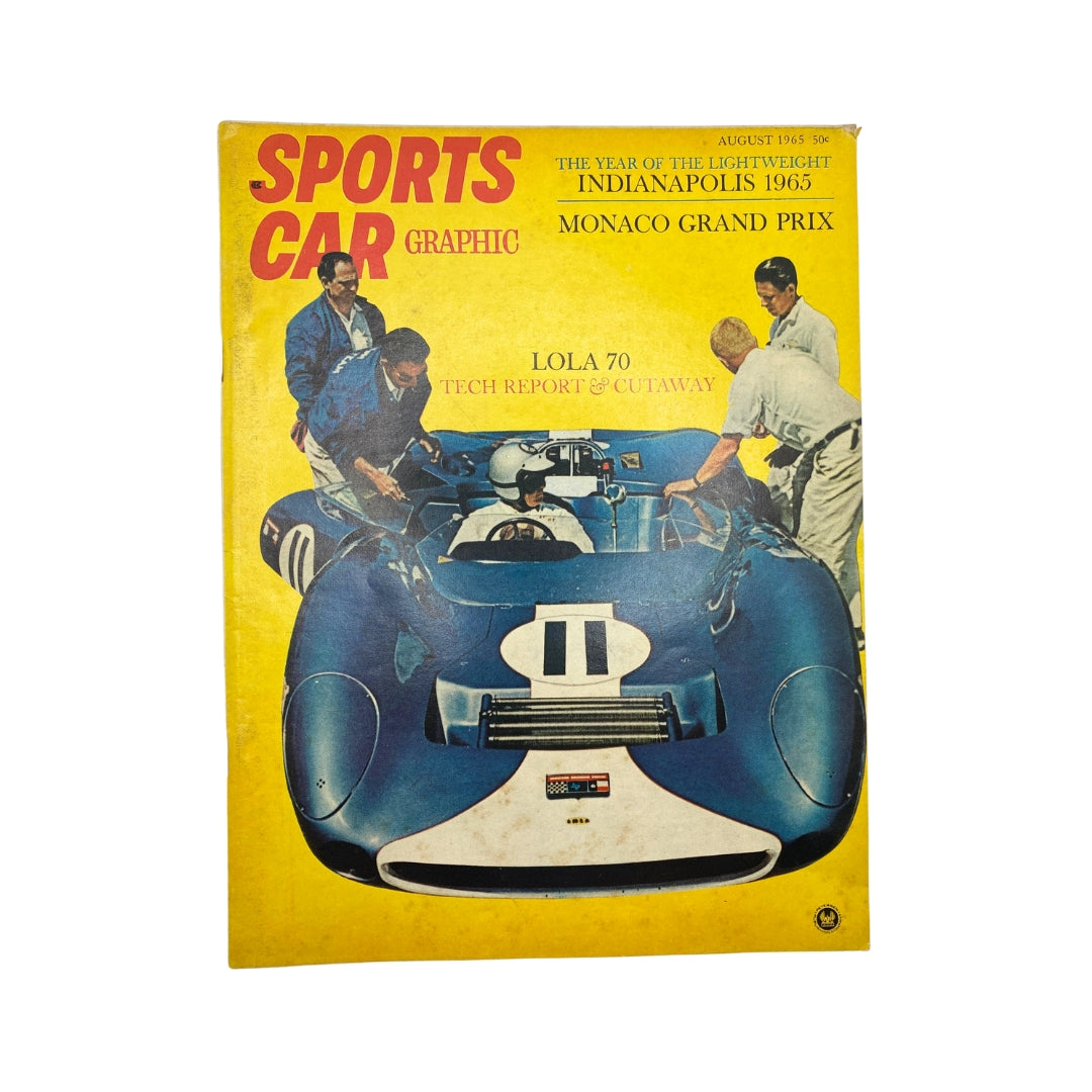 Cover of VTG Sports Car Graphic Magazine August 1965 featuring the Lola 70 Tech Report and cutaway illustration, along with highlights of the Monaco Grand Prix and Indianapolis 1965.