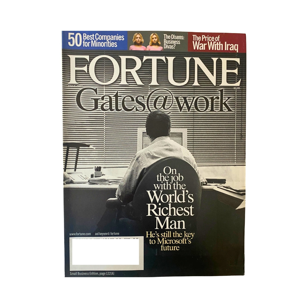 Fortune Magazine cover featuring Bill Gates, titled 'Gates@work' from July 8, 2002. The cover highlights Gates as the world's richest man, discussing his key role in Microsoft's future.