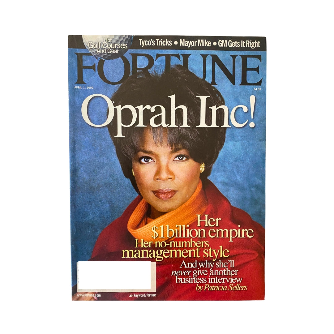 Cover of Fortune Magazine from April 1, 2002 featuring Oprah Winfrey. The headline reads 'Oprah Inc. Her $1 Billion Empire' with a striking image of Oprah in a vibrant orange outfit against a blue background.