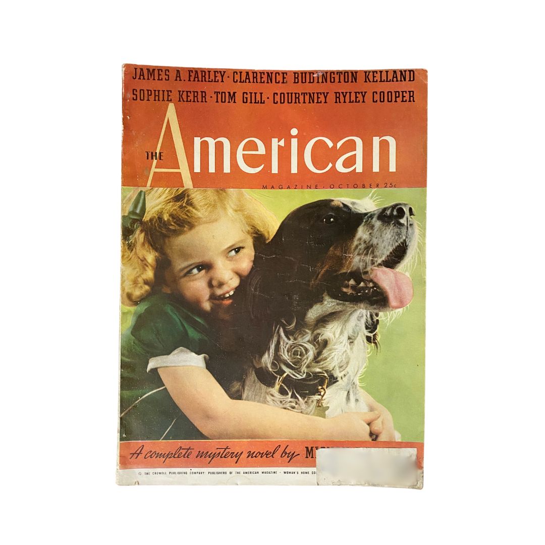 Cover of VTG The American Magazine October 1938 featuring a young girl with a dog, reflecting the vintage style and nostalgia of the era.