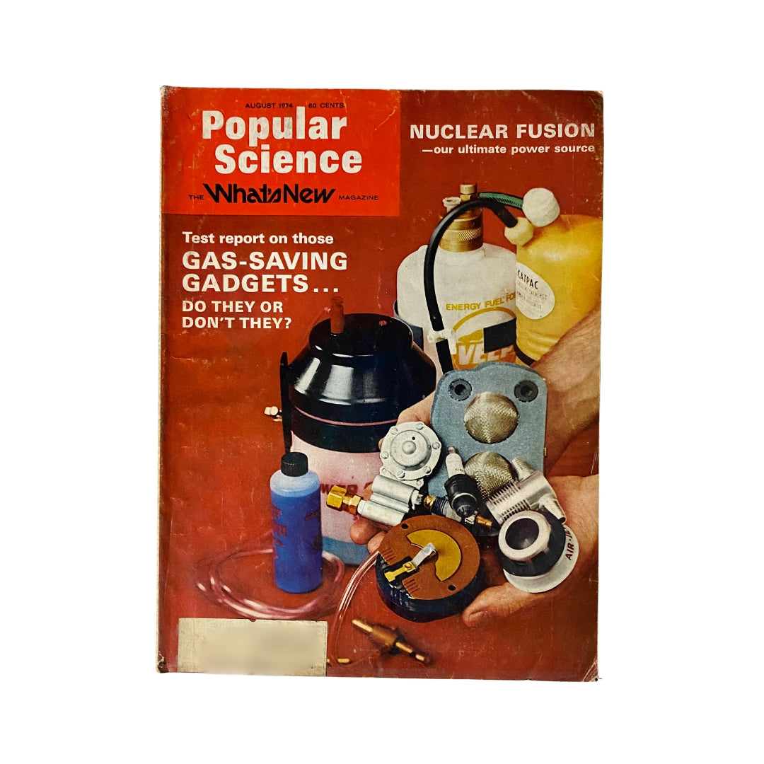 Cover of VTG Popular Science Magazine August 1974 featuring a test report on gas-saving gadgets, with imagery of various automotive parts and tools.