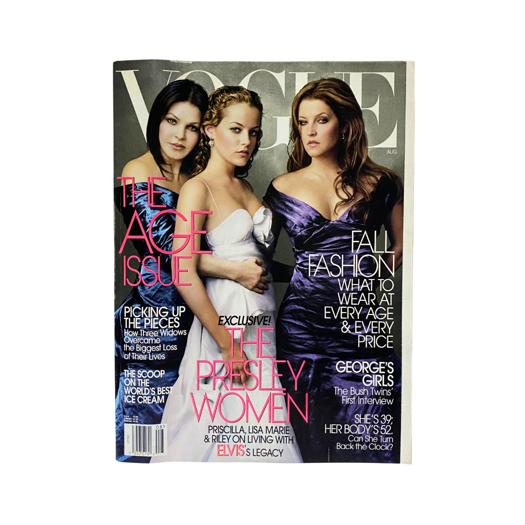 Vogue Magazine August 2004 cover featuring Priscilla Presley, Lisa Marie Presley, and Riley Presley, highlighting the age issue and fall fashion.