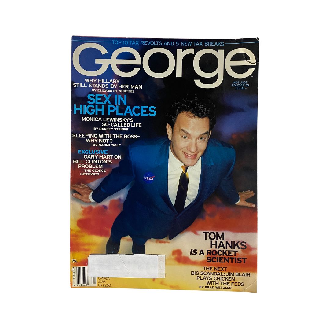 George Magazine April 1998 featuring Tom Hanks on the cover as a rocket scientist, highlighting political and cultural commentary.