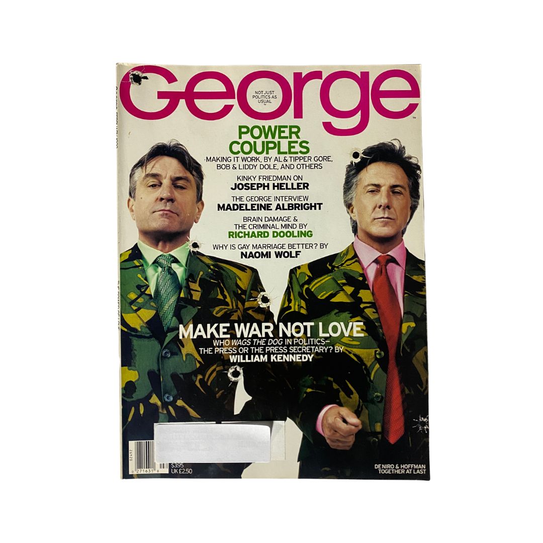 George Magazine February 1998 featuring the iconic cover with Robert De Niro and Dustin Hoffman dressed in camouflage, emphasizing the blend of entertainment and politics.