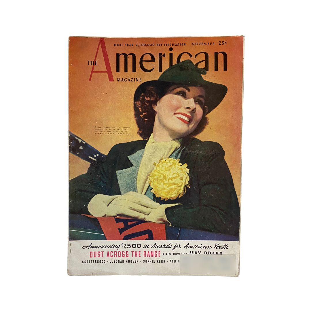 Cover of VTG The American Magazine, November 1937, featuring a woman with a yellow flower, related to the article 'Dust Across The Range' highlighting American culture and history.