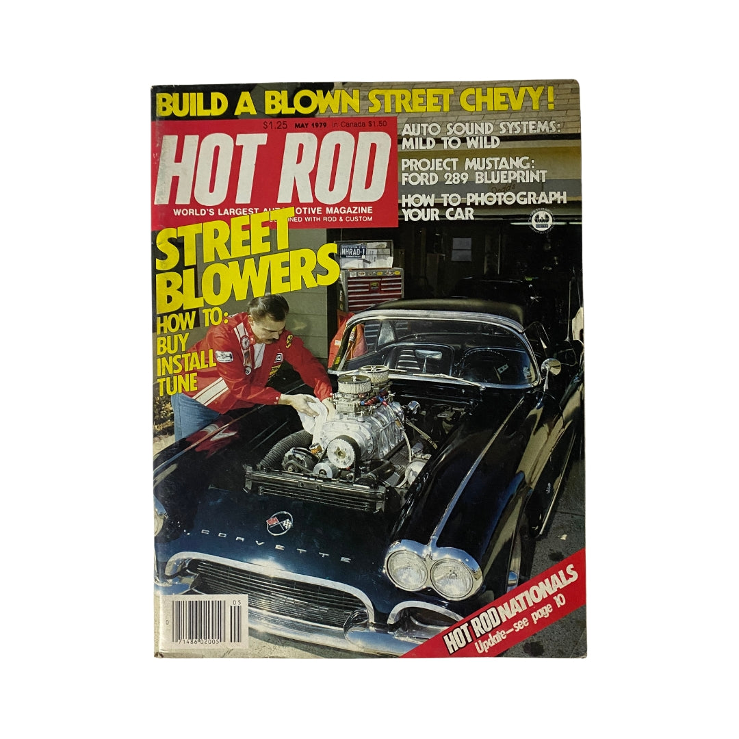 VTG Hot Rod Magazine May 1979 cover showcasing 'Street Blowers' with an article on how to buy, install, and tune them, featuring a vintage Corvette and a mechanic in a workshop.