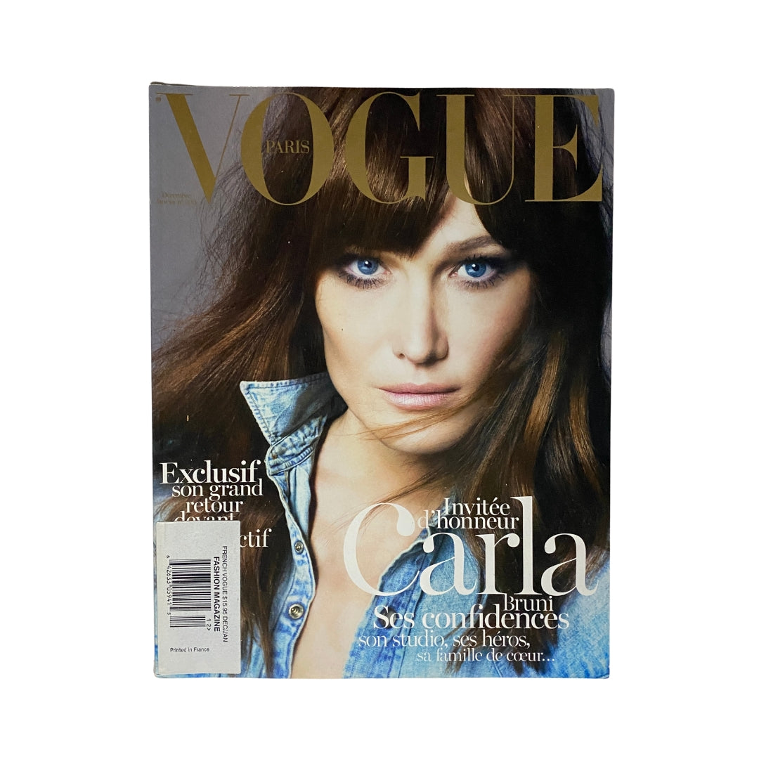 Cover of Vogue Paris Magazine December 2012 featuring Carla Bruni, a significant fashion icon, showcasing her elegant style and beauty.