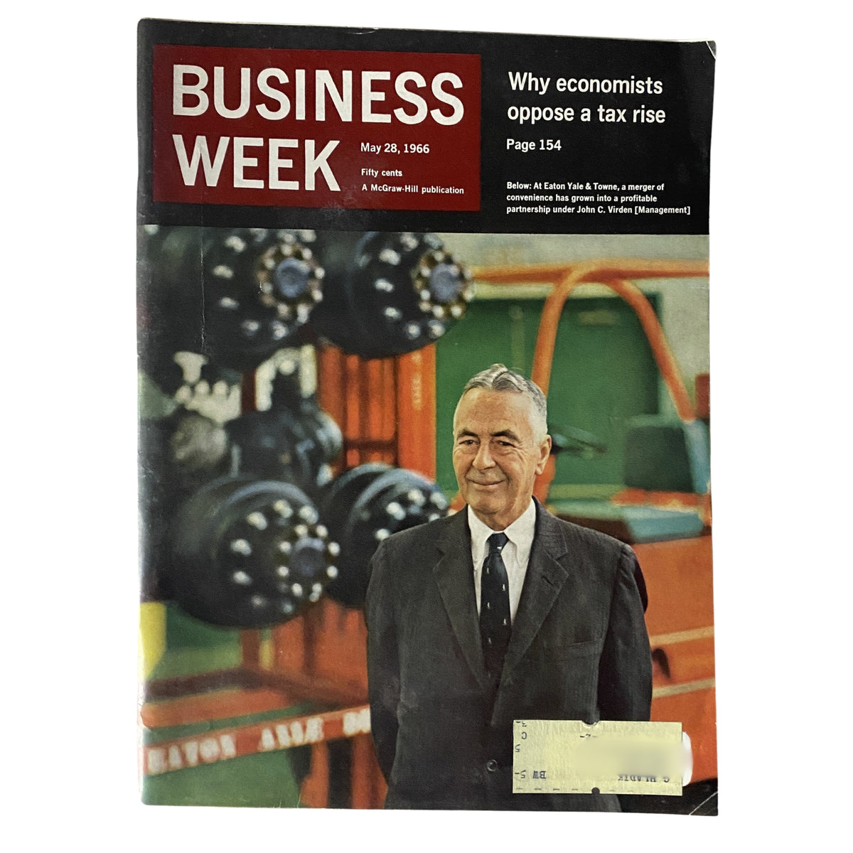 Business Week Magazine cover from May 28, 1966, featuring an article about John C. Virden at Eaton Yale & Town, discussing economic trends, with a prominent image of Virden in front of industrial machinery.