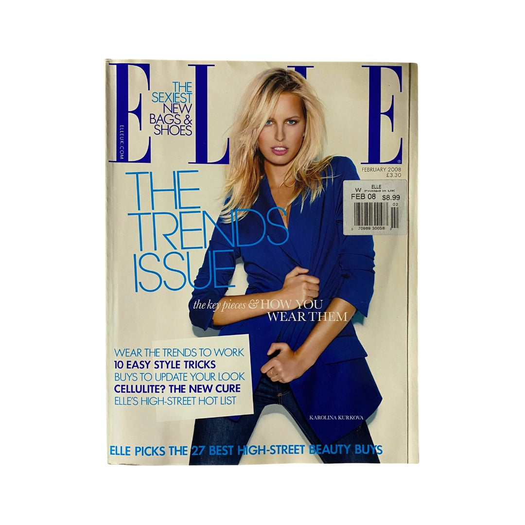 Cover of Elle UK Magazine from February 2008 featuring model Karolina Kurkova, highlighting trends in fashion, bags, and shoes, described as 'The Trends Issue'. Perfect for collectors of vintage fashion magazines.