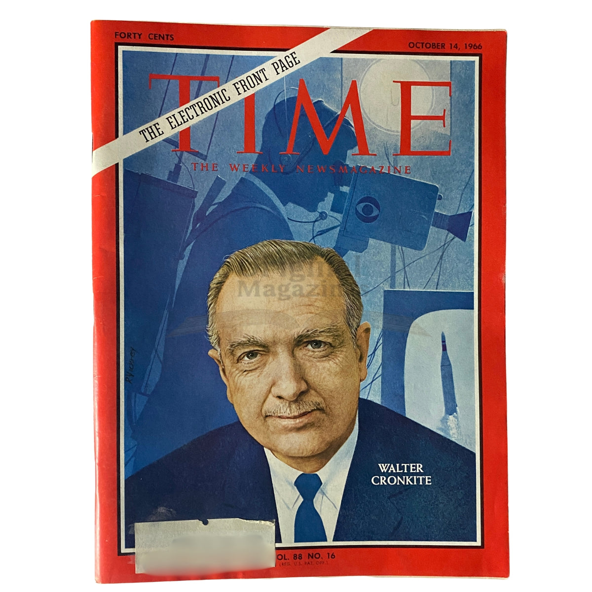 Vintage Time Magazine cover from October 14, 1966, Vol 88 No. 16 featuring Walter Cronkite, showcasing the influential journalist in a blue illustration against a bright red background.