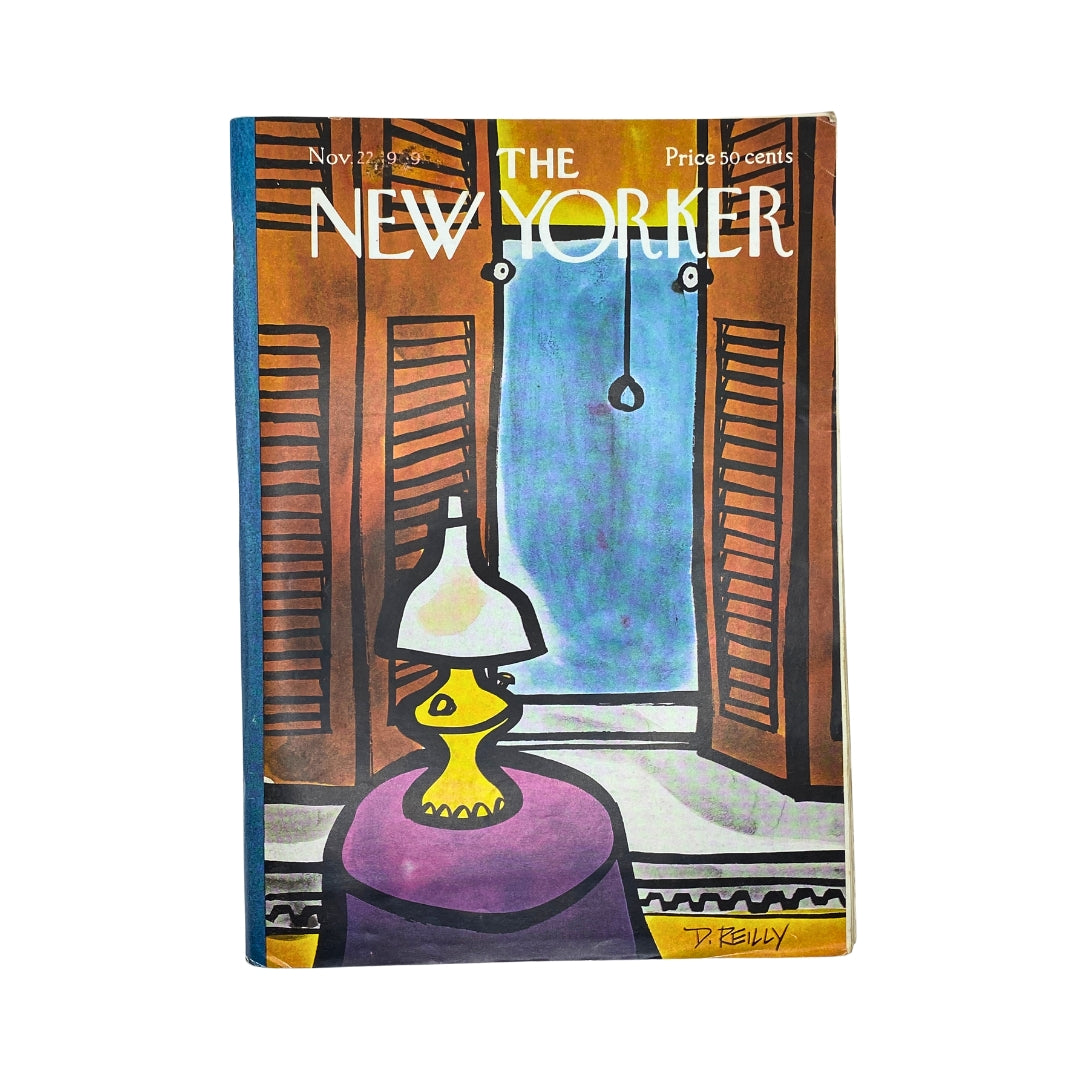 Cover of The New Yorker magazine dated November 22, 1969, featuring artwork by Donald Reilly, depicting a lamp on a table near a window with closed shutters.
