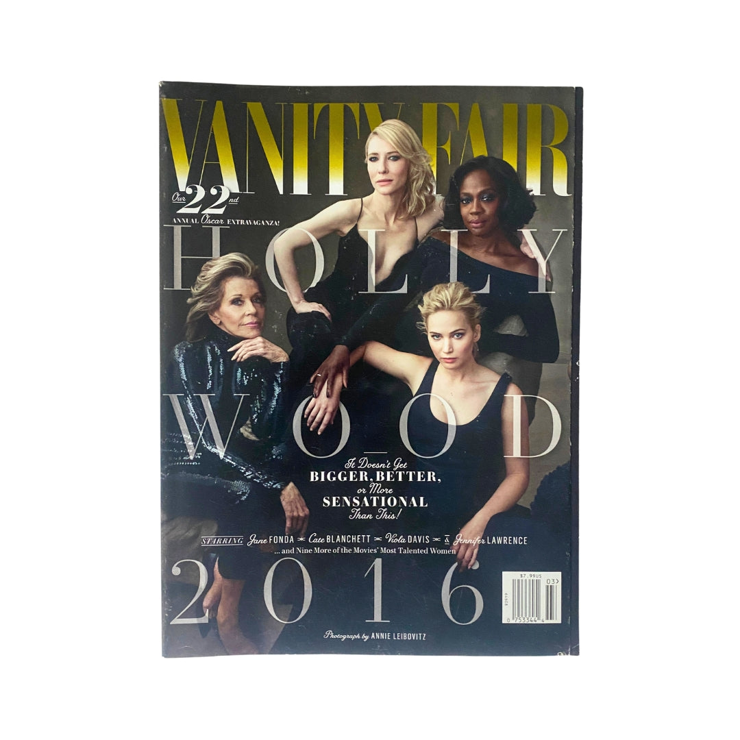 Vanity Fair Magazine 2016 cover featuring Jane Fonda, Cate Blanchett, and Viola Davis, showcasing Hollywood stars in elegant attire.