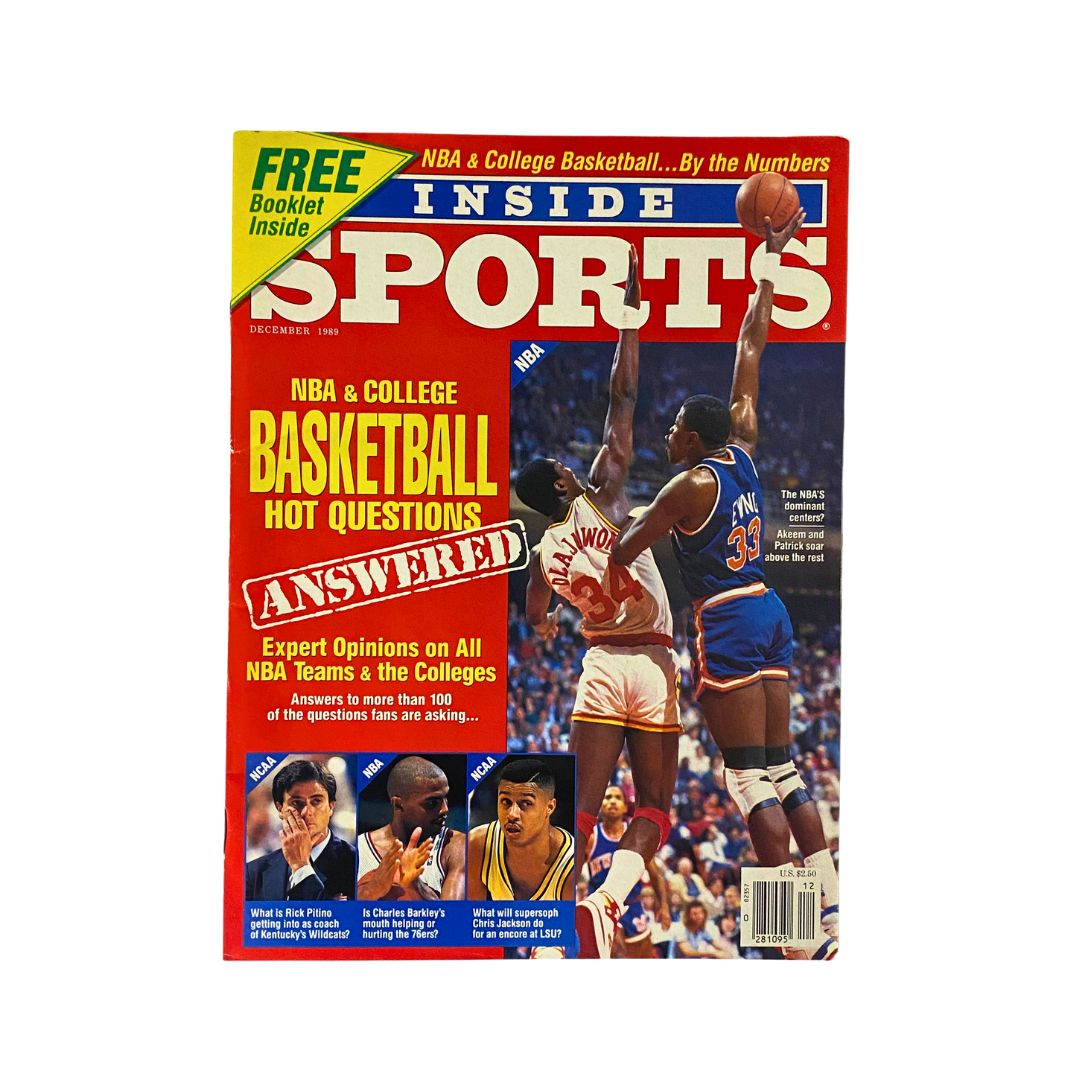 Cover of Inside Sports Magazine December 1989 featuring NBA basketball stars, showcasing Hakeem Olajuwon and Patrick Ewing with bold headline 'NBA & College Basketball Hot Questions Answered'.