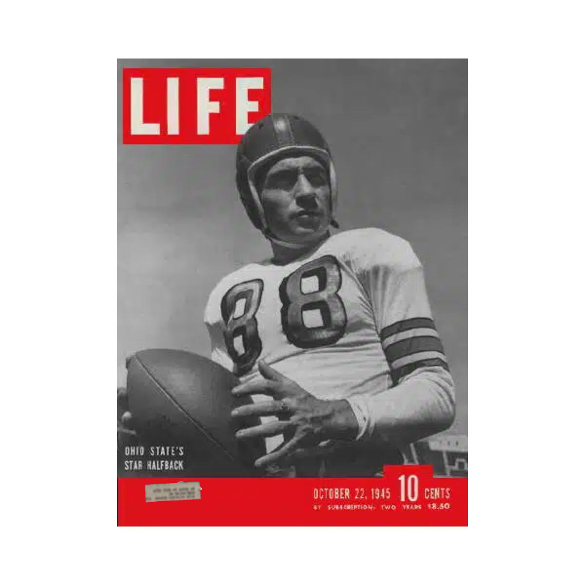 Cover of VTG Life Magazine from October 22, 1945, featuring Ohio State Football Halfback Paul Sarringhaus. The magazine highlights sports and cultural events from the post-World War II era.