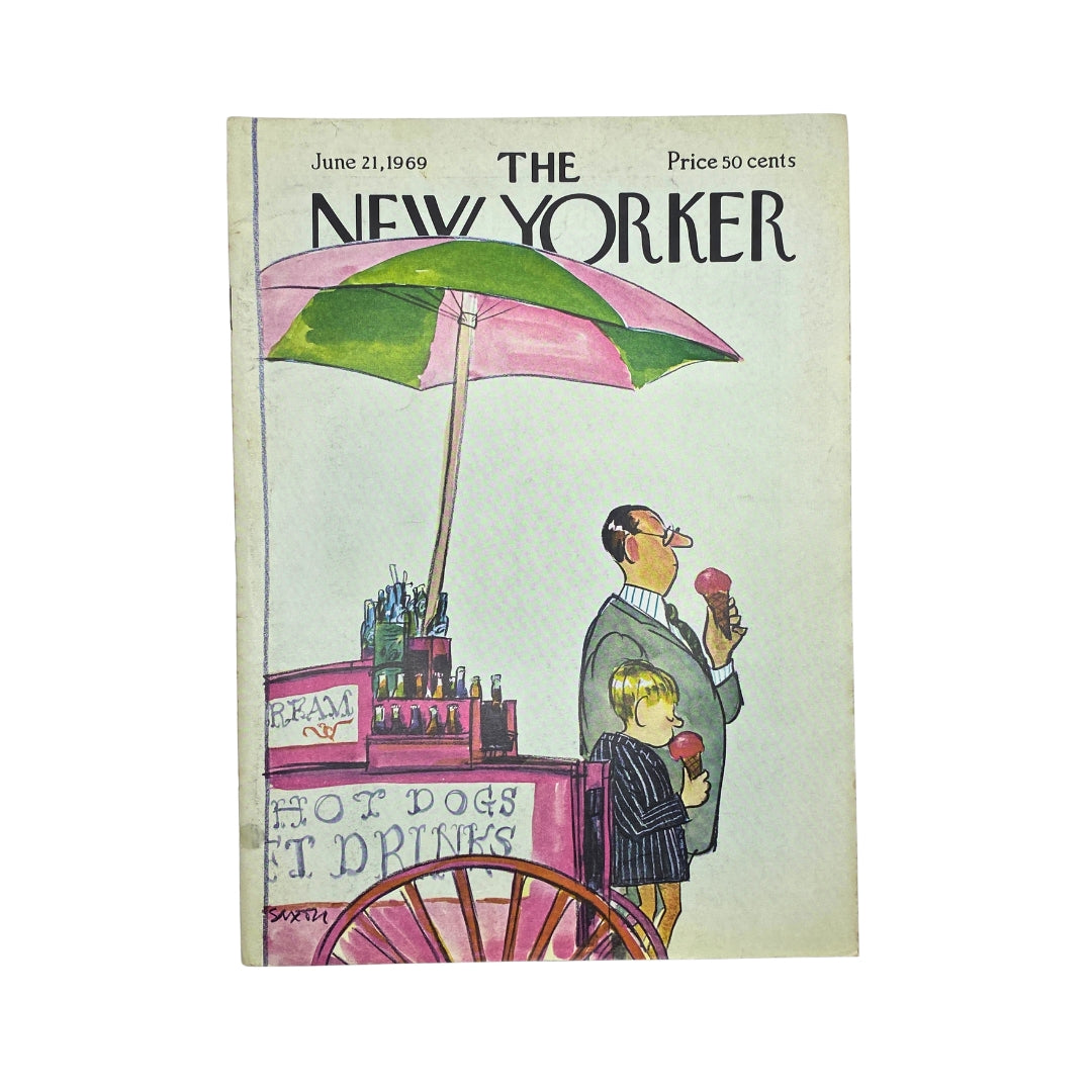 Cover of The New Yorker magazine dated June 21, 1969 featuring artwork by Charles Saxon, depicting a man and boy enjoying ice cream beside a hot dog cart under a pink umbrella.