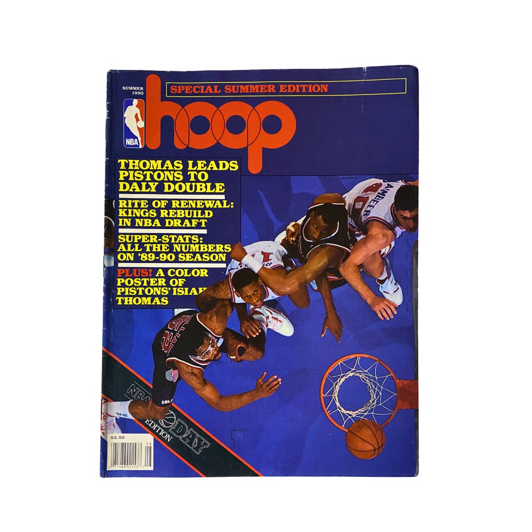NBA Hoop Magazine Summer 1990 featuring Dennis Rodman and Isiah Thomas on the cover, showcasing a basketball action scene and highlighted articles about NBA players and teams.