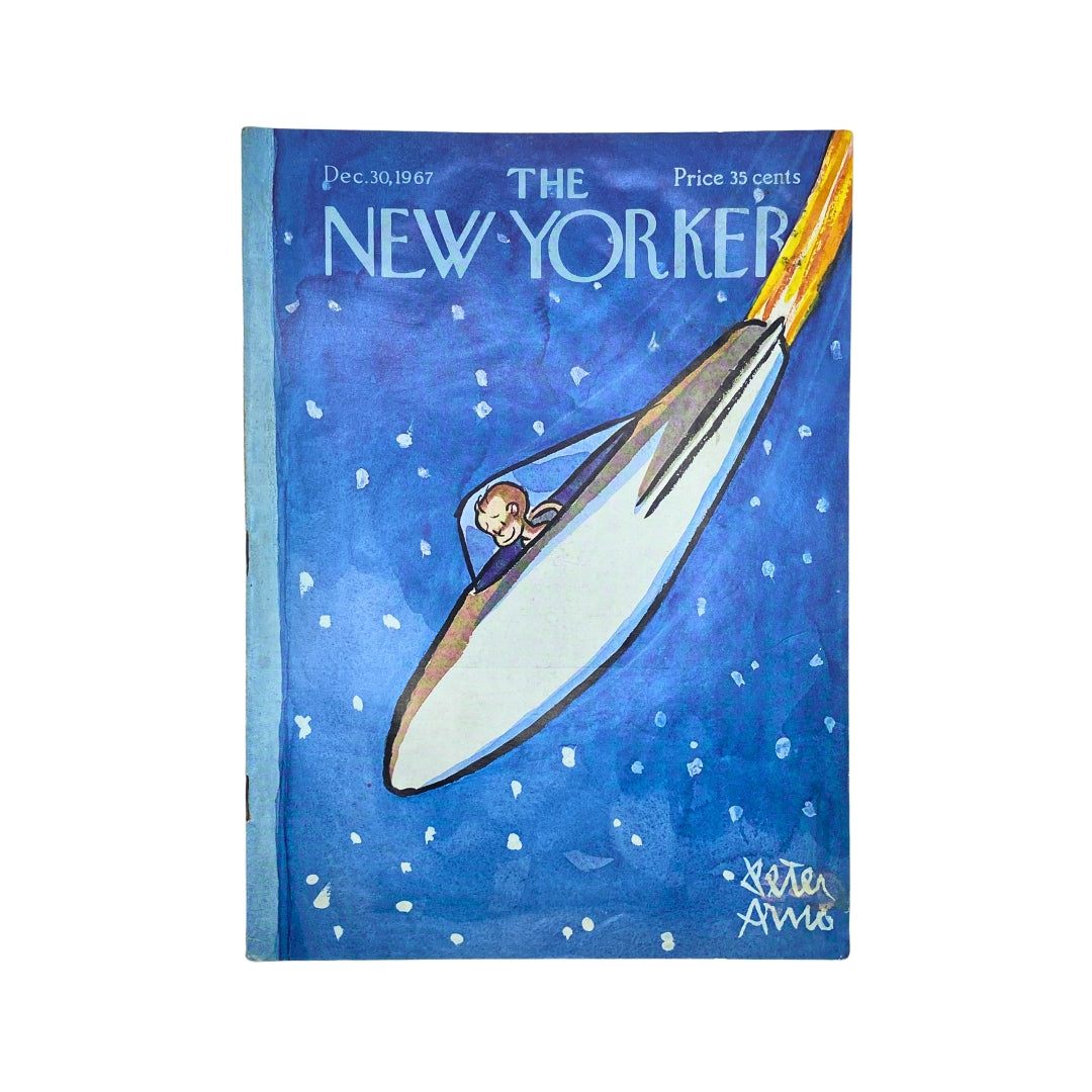 Cover of The New Yorker magazine dated December 30, 1967, featuring a whimsical illustration by Peter Arno, depicting a character in a rocket against a starry blue background.