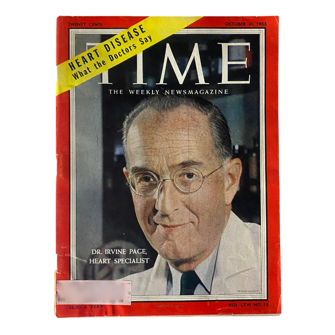 VTG Time Magazine October 31, 1955 featuring Dr. Irvine H. Page, heart specialist, with a red cover showcasing a vintage design and the title highlighting heart disease.