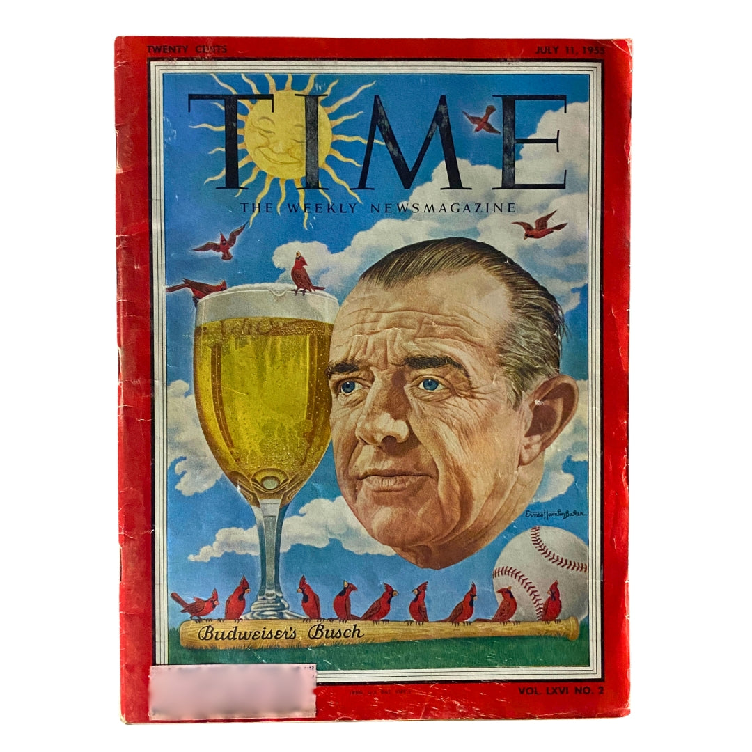 VTG Time Magazine July 11, 1955 Vol 66 No. 2 featuring Budweiser's Gussie Busch on the cover, showcasing a vintage illustration of Gussie Busch next to a beer glass.