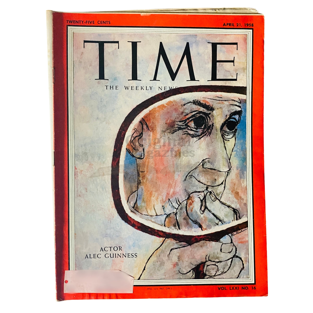 Time Magazine April 21 1958 Vol 71 No. 16 featuring actor Alec Guinness on the cover, showcasing an artistic depiction of the actor.