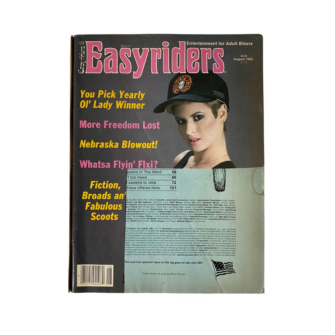 Cover of VTG Easyriders Magazine August 1983, featuring the You Pick Yearly Ol' Lady Winner, displaying a woman in a baseball cap.