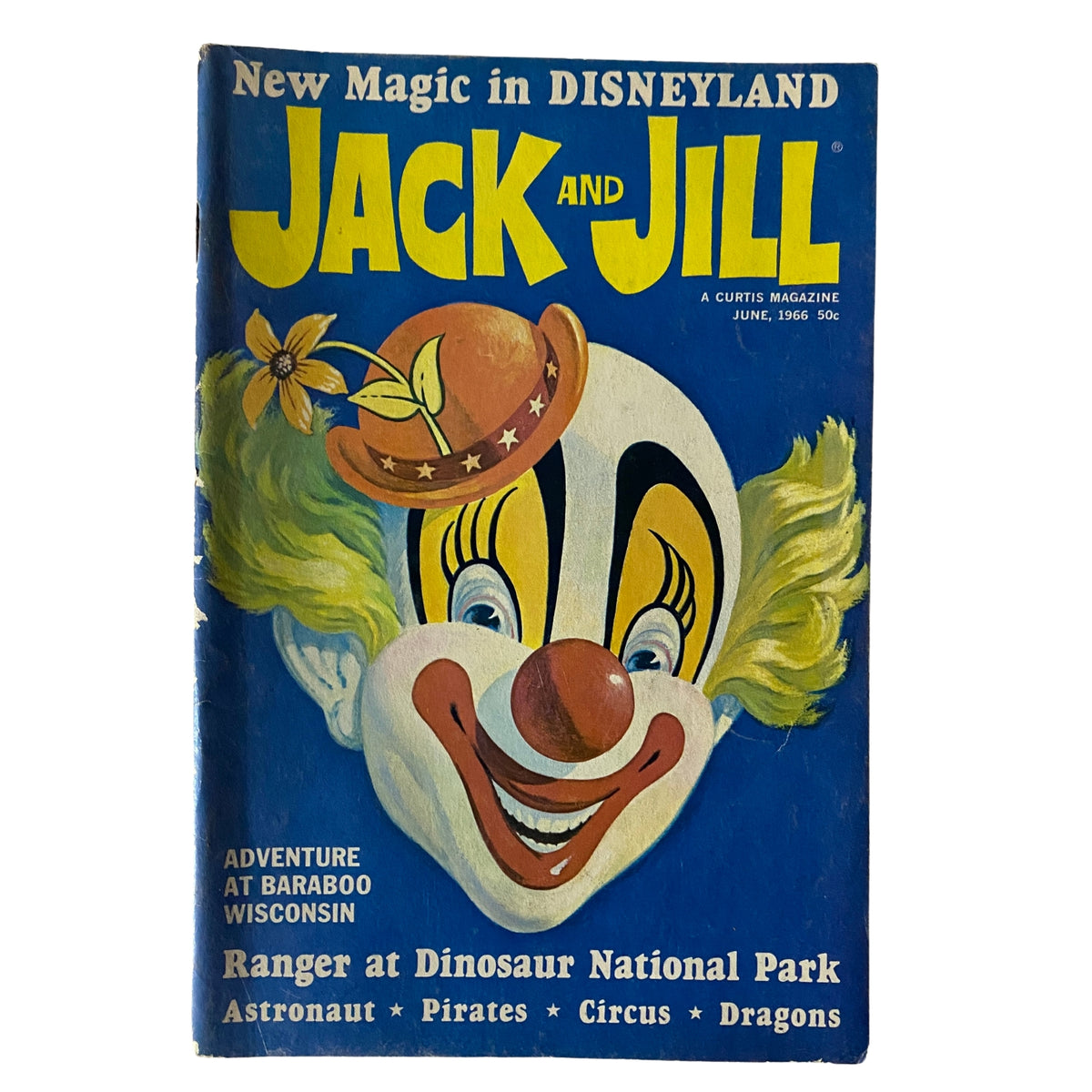 Cover of Jack and Jill Story Magazine June 1966 featuring Mr. Happy by Edward F. Cortese, showcasing a colorful clown character with a floral hat, representing the enchanting spirit of children's literature.