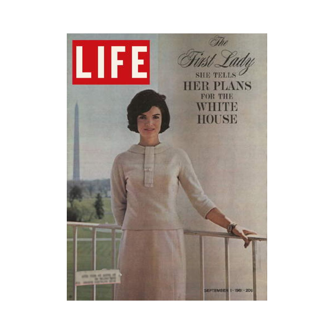 VTG Life Magazine September 1, 1961 featuring Jackie Kennedy on the cover, showcasing iconic fashion and a glimpse of the Washington Monument in the background.