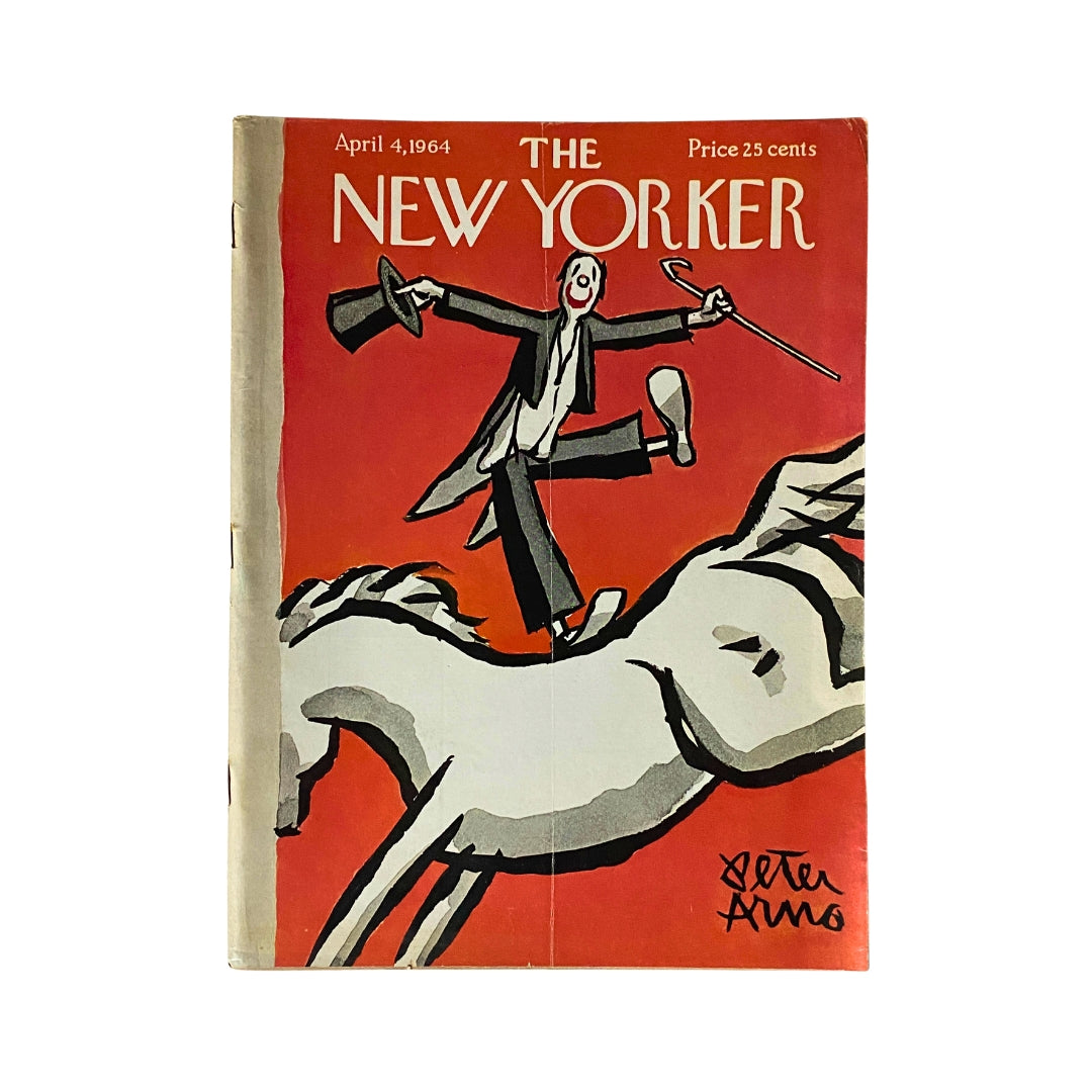 The New Yorker Complete Magazine April 4, 1964 featuring a whimsical cover by Peter Arno, showcasing an illustration of a character joyfully riding a white horse against a vibrant red background.