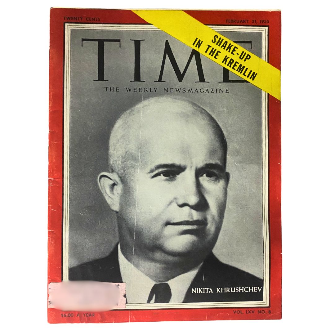 VTG Time Magazine February 21, 1955 featuring Nikita Khrushchev on the cover, showcasing a historic moment in Cold War history.