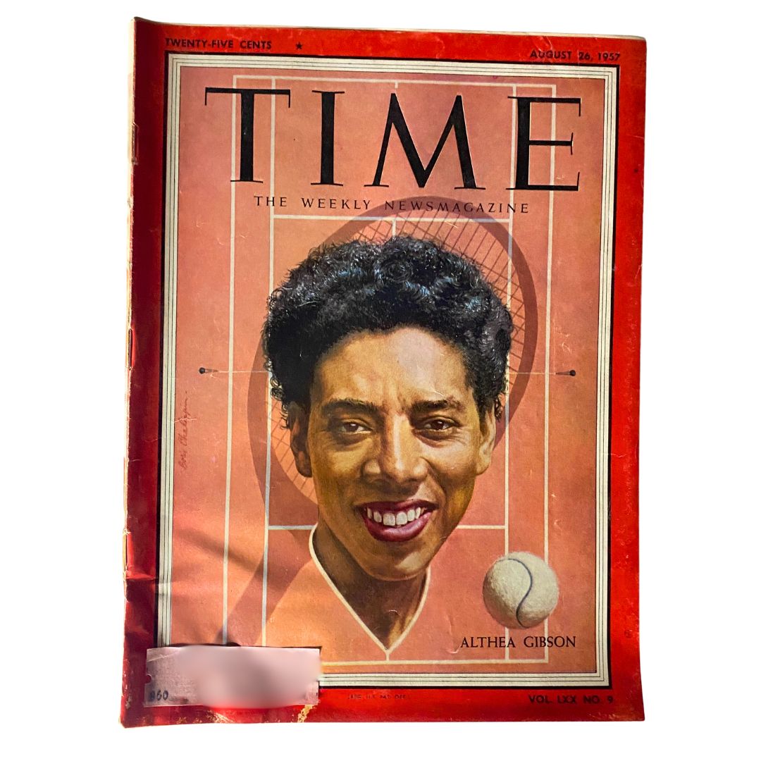 VTG Time Magazine August 26, 1957 Cover featuring Althea Gibson, a groundbreaking tennis player, showcasing the magazine's title and design.