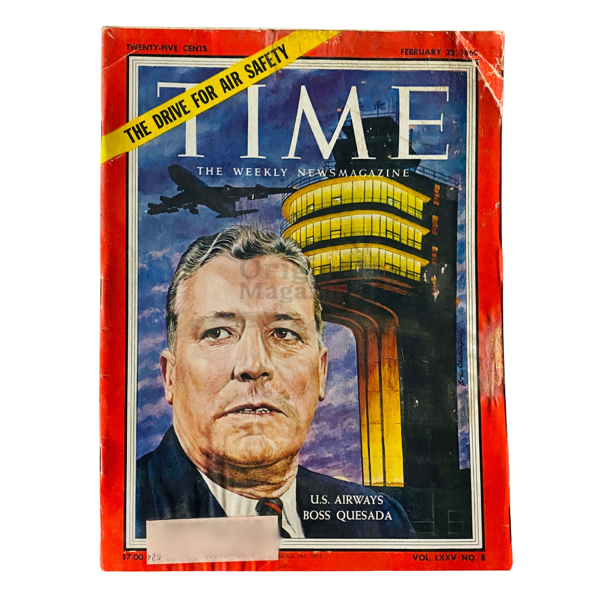 Time Magazine cover from February 22, 1960, featuring U.S. Airways Boss Quesada on the front page, highlighting the airline industry during a pivotal time in aviation history.