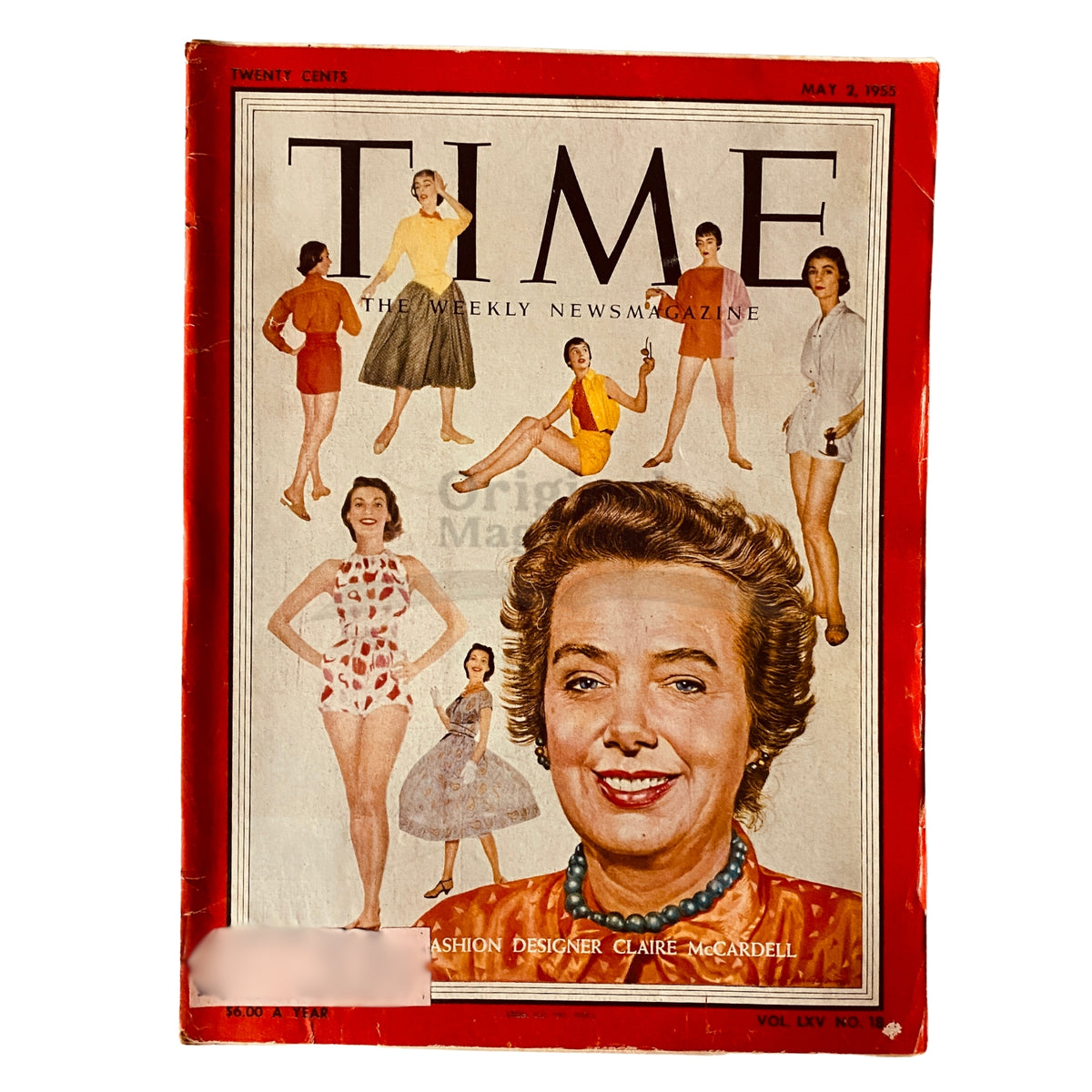 Time Magazine cover from May 2, 1955, featuring fashion designer Claire McCardell, showcasing iconic 1950s fashion styles with model representations.