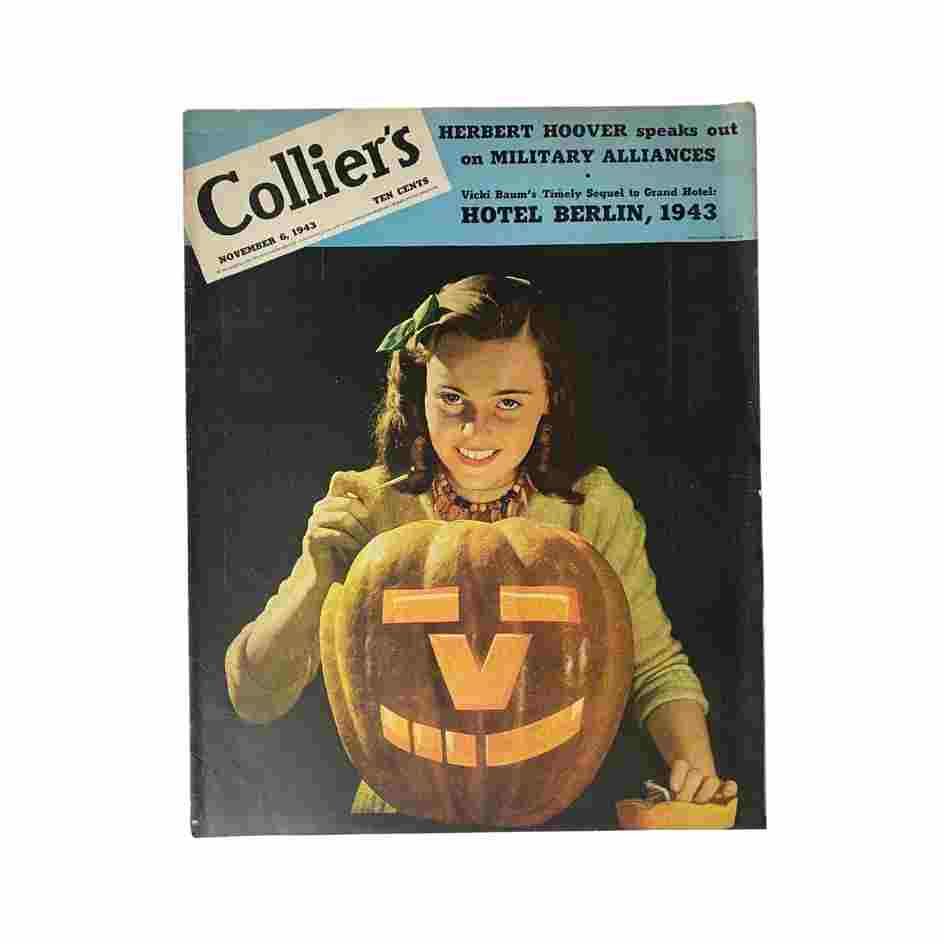 Cover of VTG Collier's Magazine November 6, 1943 featuring a girl with a carved pumpkin and the headline about Herbert Hoover's military alliances.