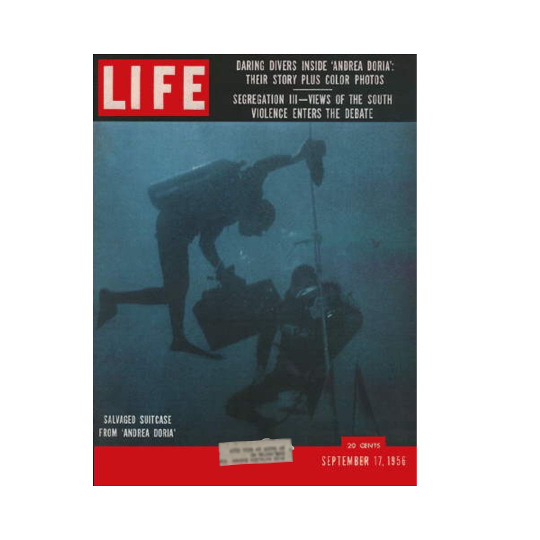 VTG Life Magazine September 17, 1956 cover featuring daring divers exploring the Andrea Doria shipwreck, illustrating the magazine's focus on the intriguing stories of underwater expeditions and significant historical events.