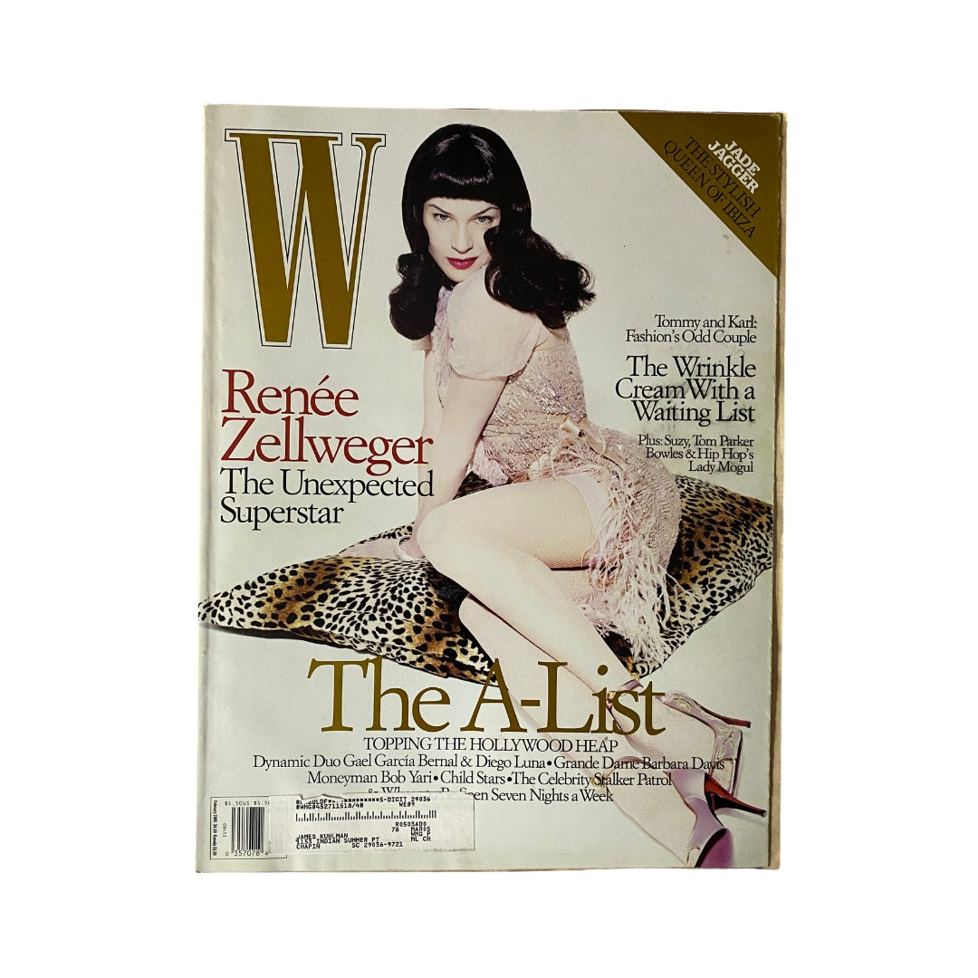 W Magazine cover with actress Renée Zellweger titled 'The Unexpected Superstar' for February 2005, featuring a glamorous photo of Zellweger in a pink outfit on a leopard print background.