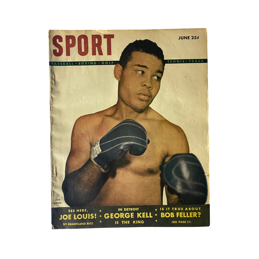 Cover of Sport Magazine from June 1948 featuring Joe Louis, a legendary boxer, with the headline 'See Here, Joe Louis!' and additional features on George Kell and Bob Feller.