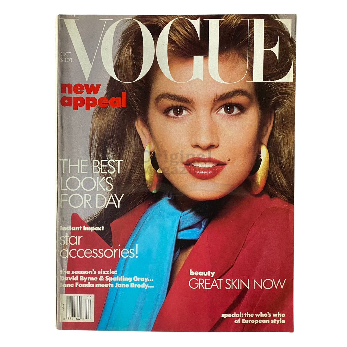 Vogue Magazine October 1986 cover featuring Cindy Crawford, highlighting 1980s fashion trends and beauty tips.