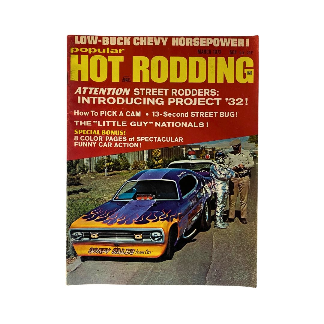 Cover of Popular Hot Rodding Magazine March 1972 featuring the title, showcasing 'The Little Guy Nationals' drag race event, with a hot rod car and vibrant graphics highlighting automotive culture.
