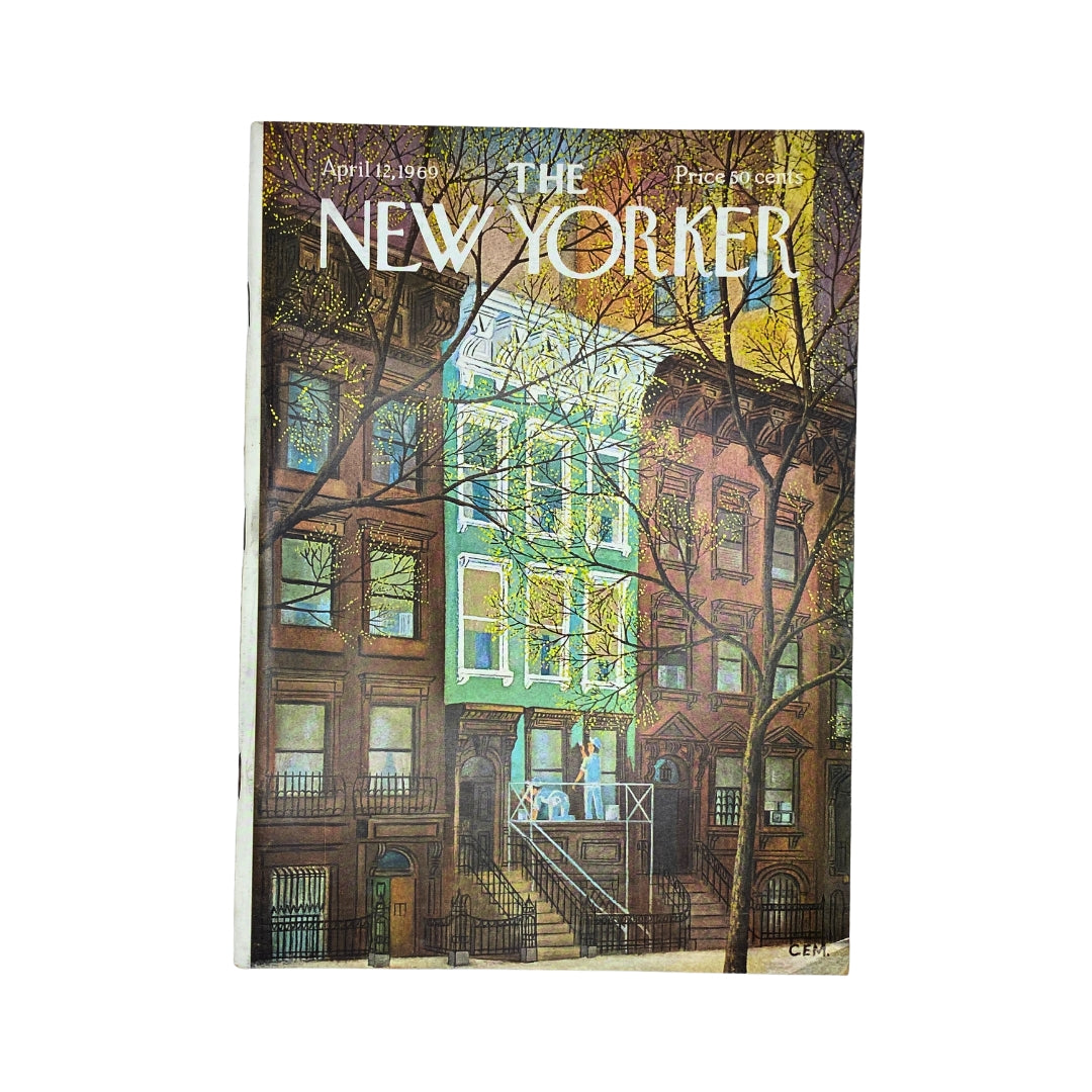 Cover of The New Yorker magazine from April 12, 1969, featuring Charles E. Martin's artwork, showcasing a vibrant depiction of brownstones in a tree-lined street.