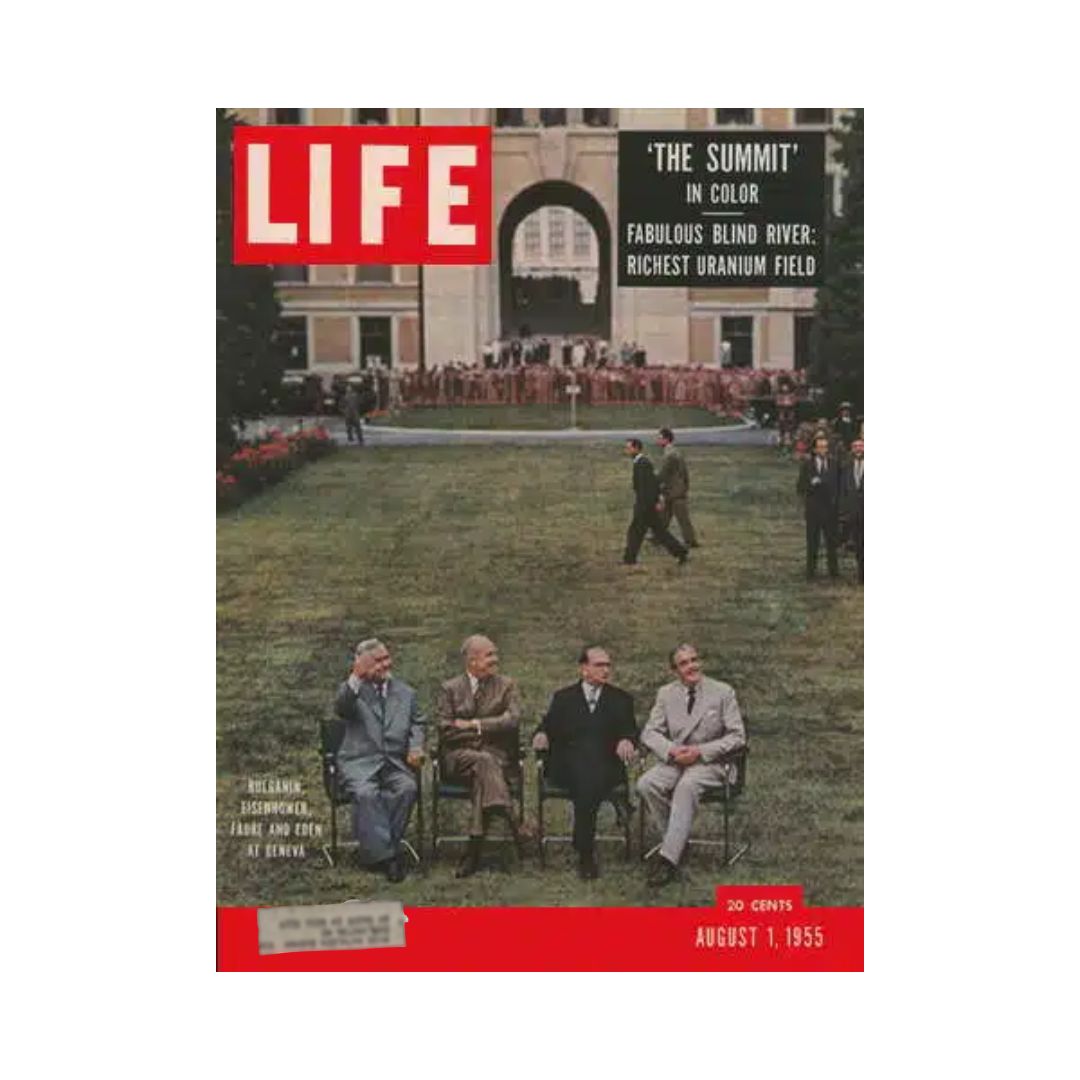 Life Magazine cover from August 1, 1955, featuring the Eisenhower Summit at Geneva, showcasing world leaders in discussion on a lush lawn.