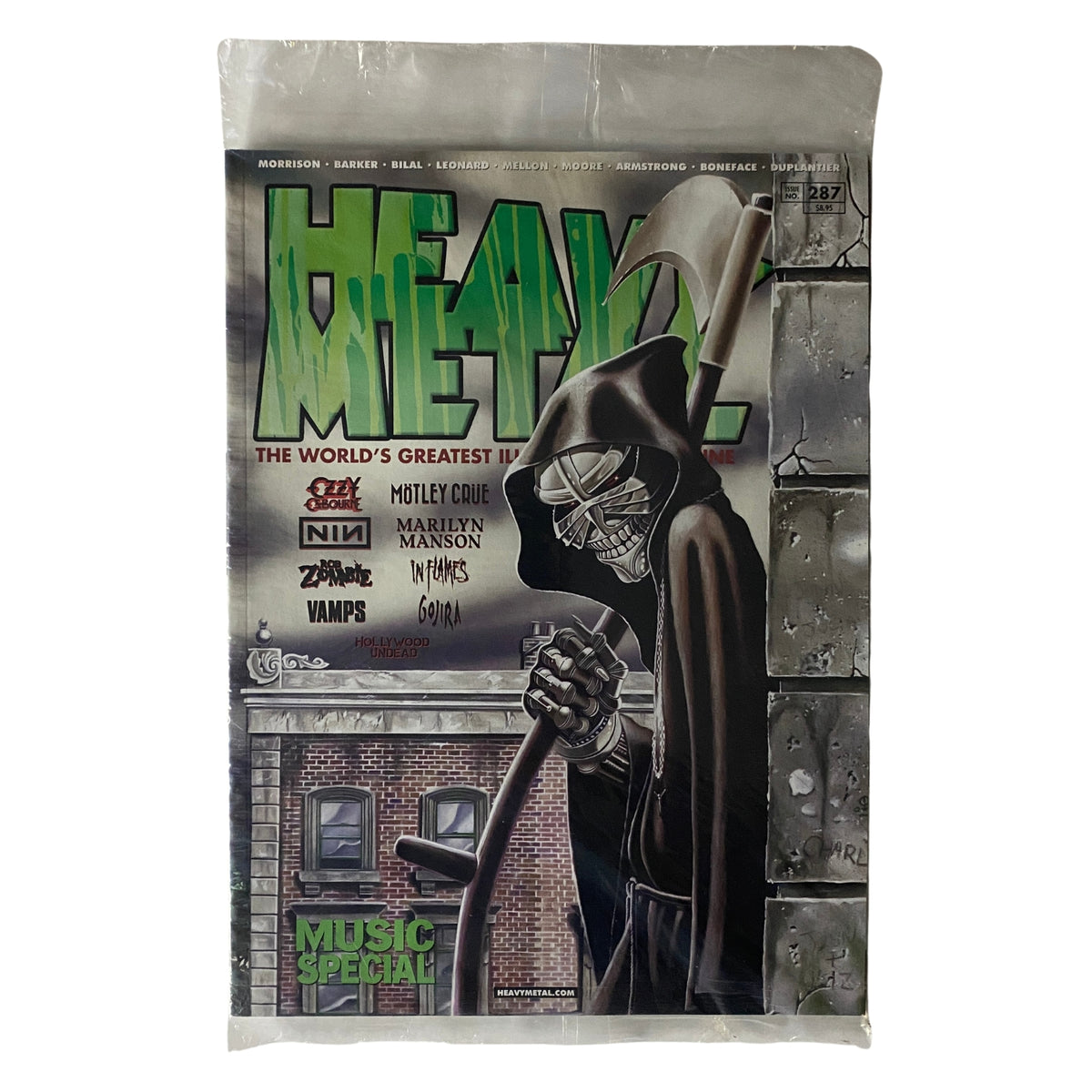 Front cover of Heavy Metal Magazine 2017 Issue No. 287 Music Special, featuring a striking graphic of a hooded figure and showcasing popular music icons like Marilyn Manson and Ozzy Osbourne.