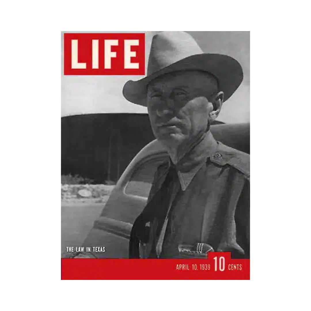 Cover of VTG Life Magazine from April 10, 1939 featuring a Texas Ranger, showcasing historical significance and vintage aesthetics.