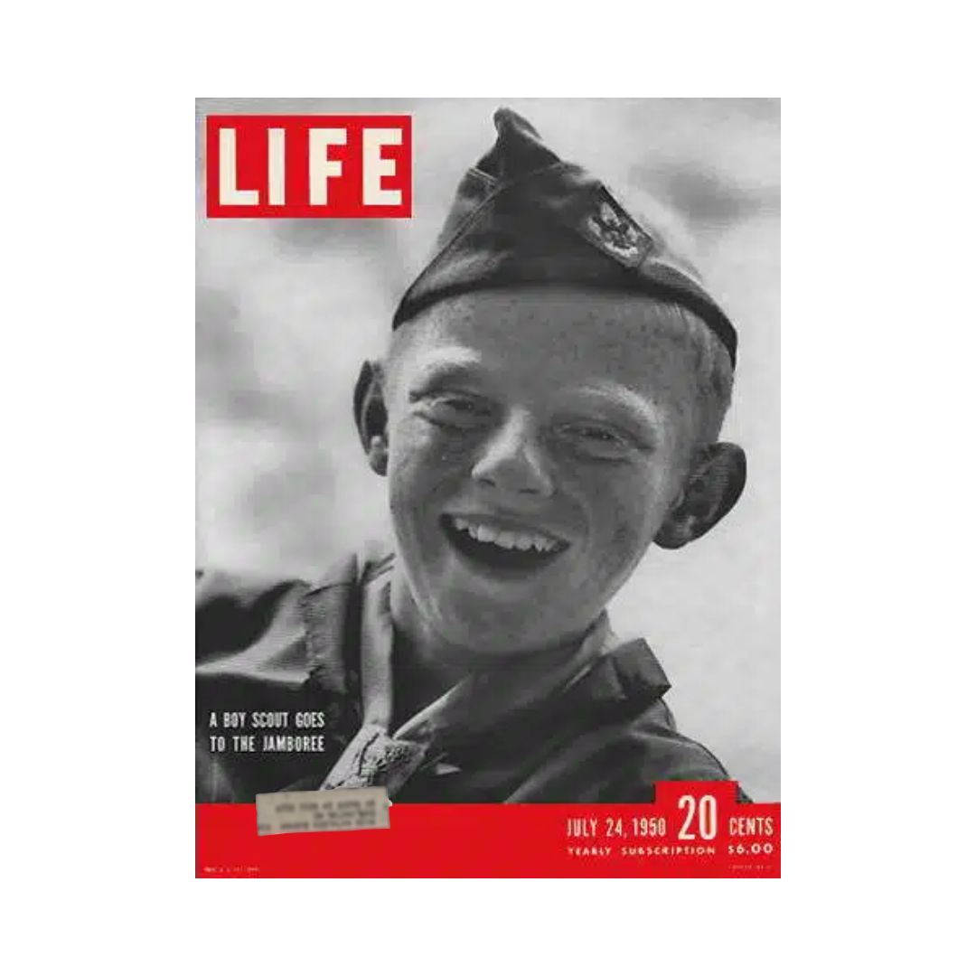 VTG Life Magazine cover July 24, 1950 featuring a smiling boy scout at the Jamboree, showcasing the spirit of 1950s American culture.